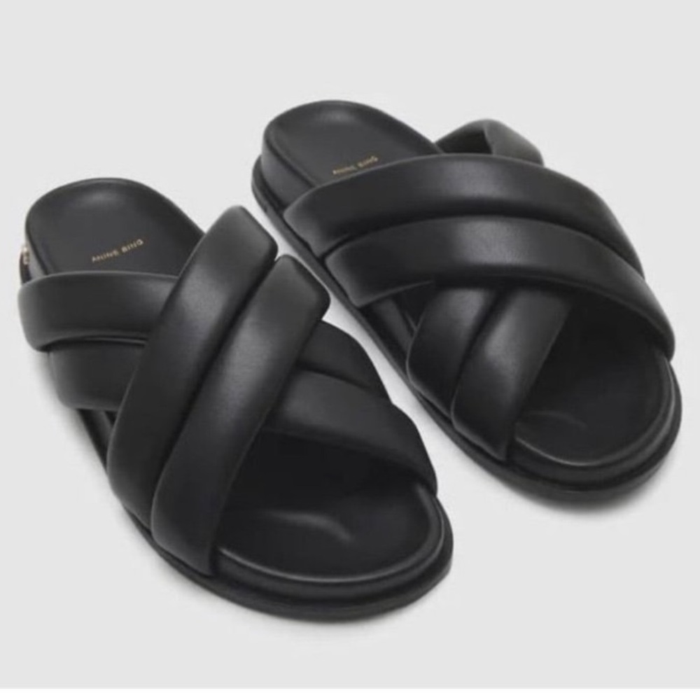 Anine Bing Sandals Black Cross-Strap Leather Slides Size 36